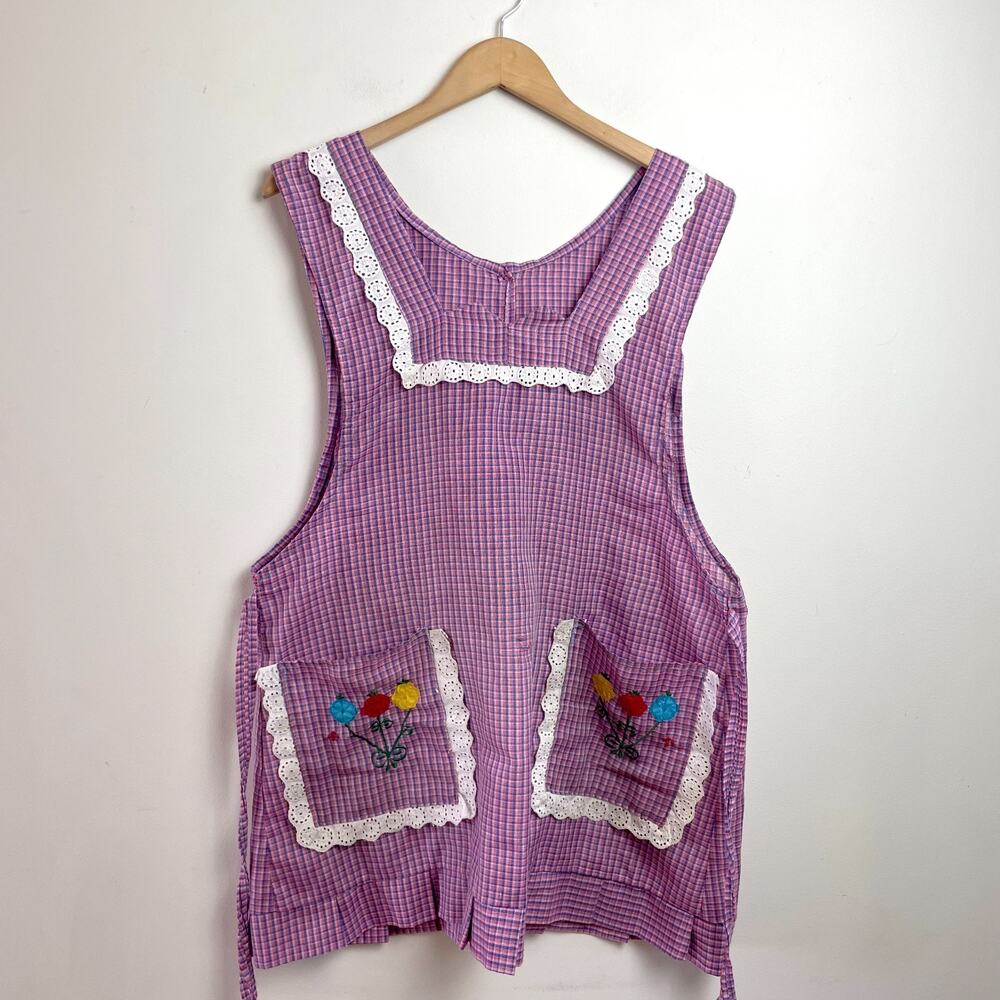 Vintage‎ Plaid Embroidered Apron Gingham Purple Lace Nonna Cottage Farmhouse